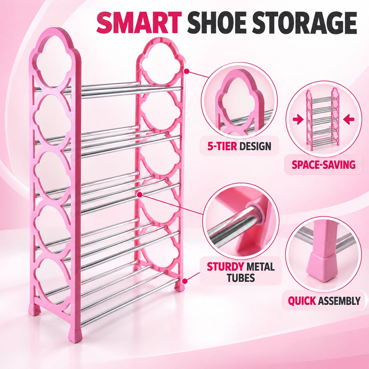 An angled view of the pink five-tier shoe rack, with circular insets showing design features and assembly details.