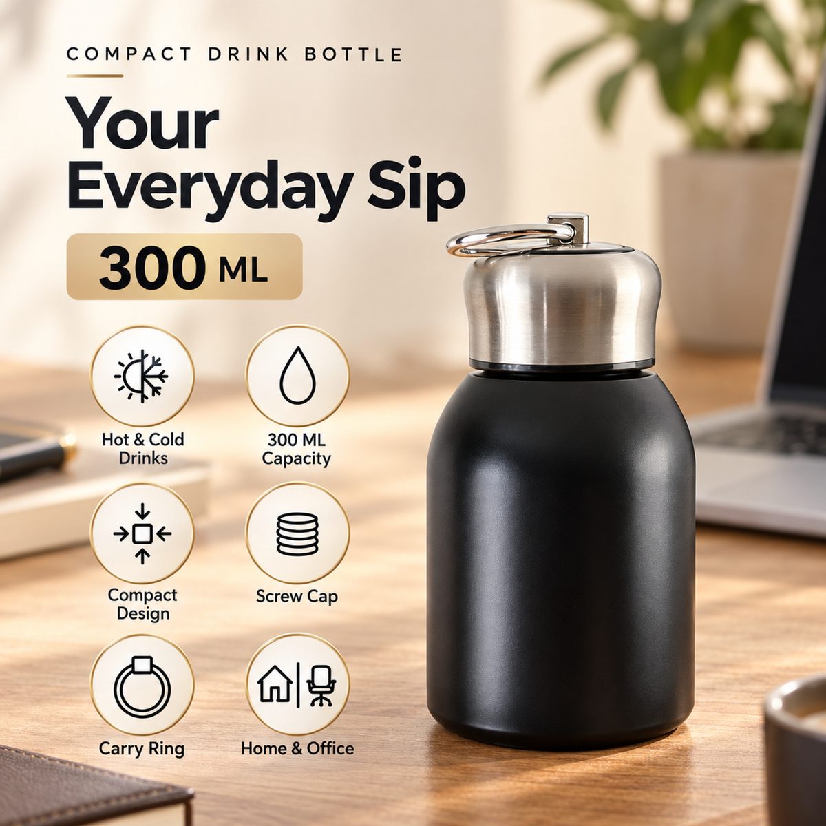 A black vacuum bottle with a silver cap on a wooden desk, surrounded by icons detailing its features like capacity and