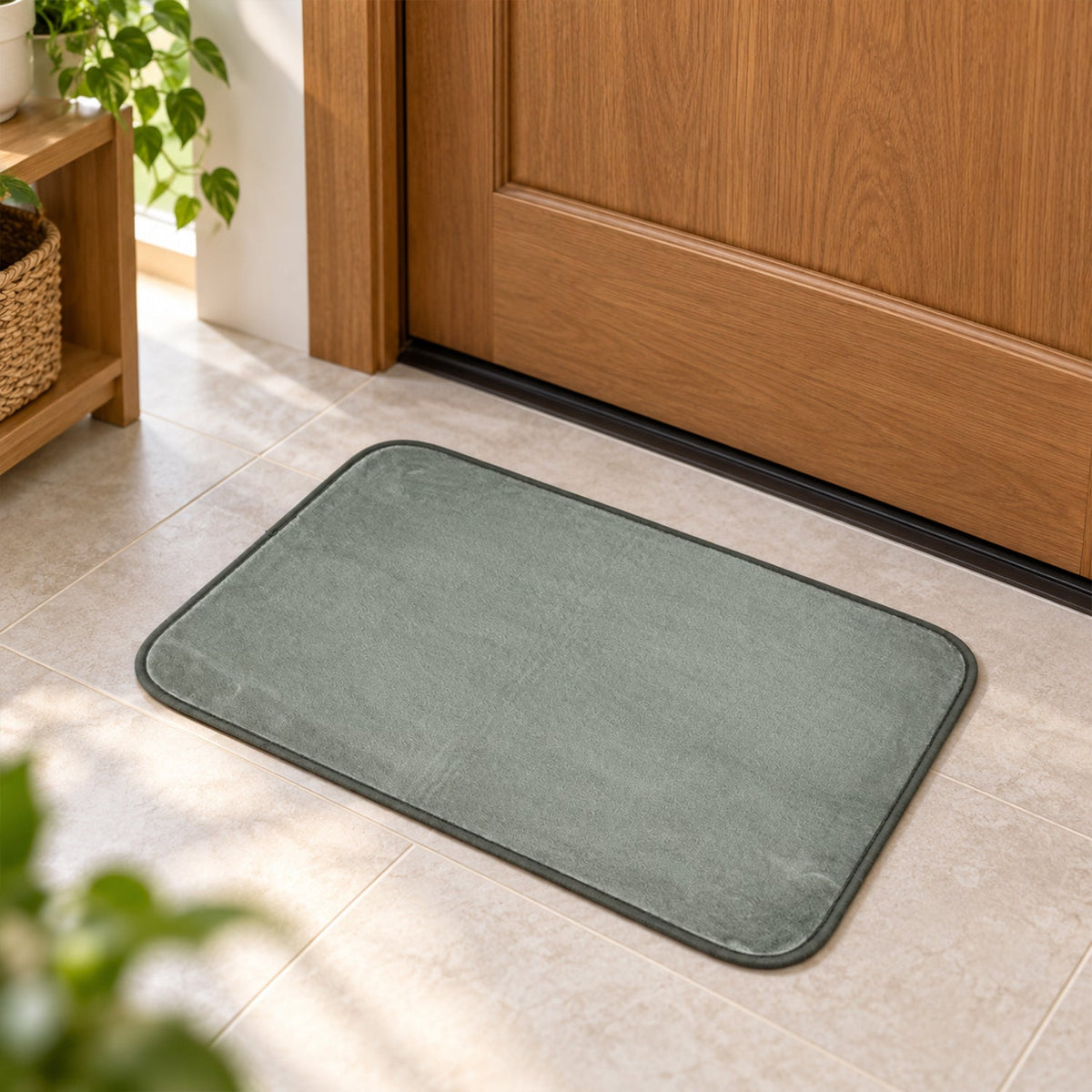A grey rectangular mat on light tiled flooring in front of a closed wooden door.