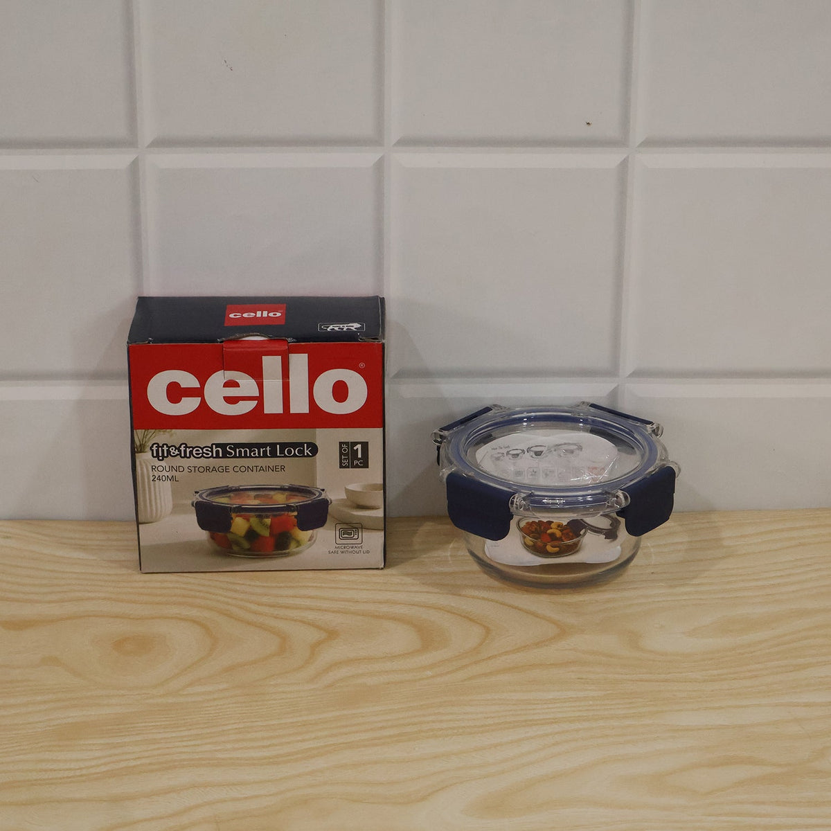 Cello 240ml Round Glass Food Storage Container with Smart Lock Lid (1 Pc)