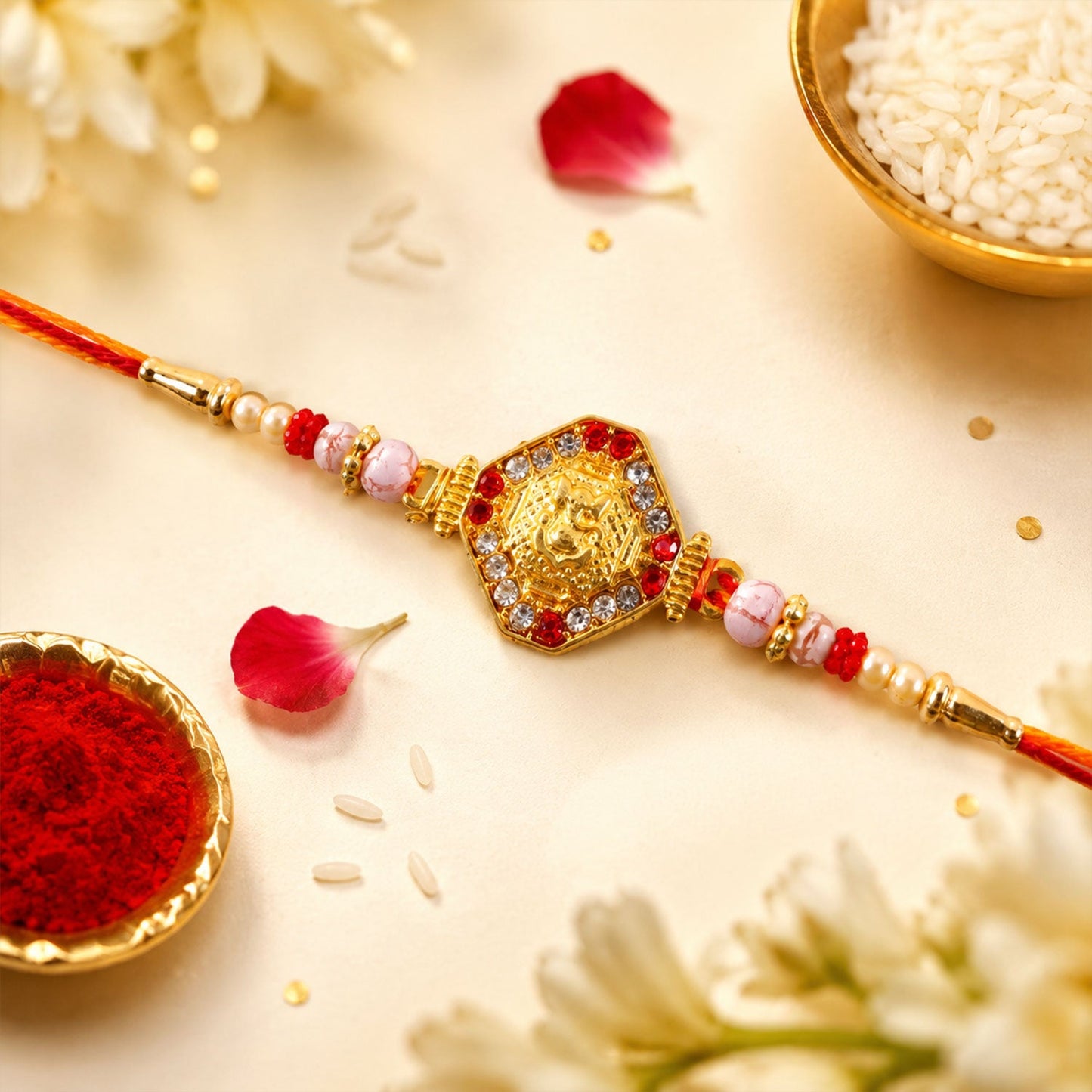 Side view of Ganesh Rakhi showing decorative beads