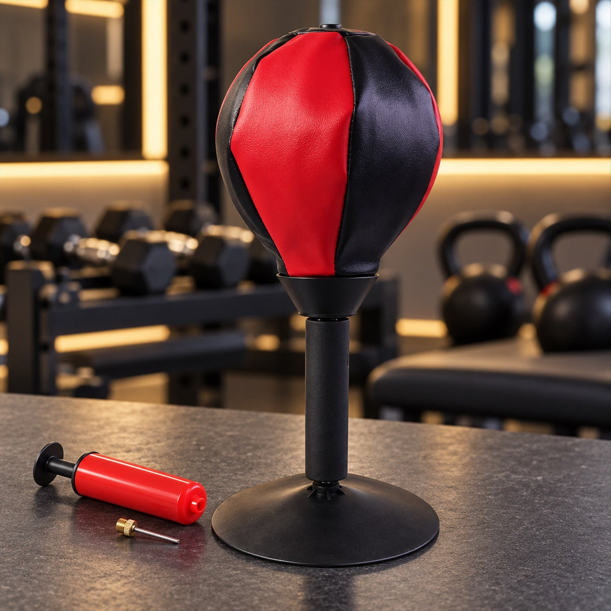 A red and black desktop punching ball with a black base sits on a dark counter, with a red hand pump and needle beside it.