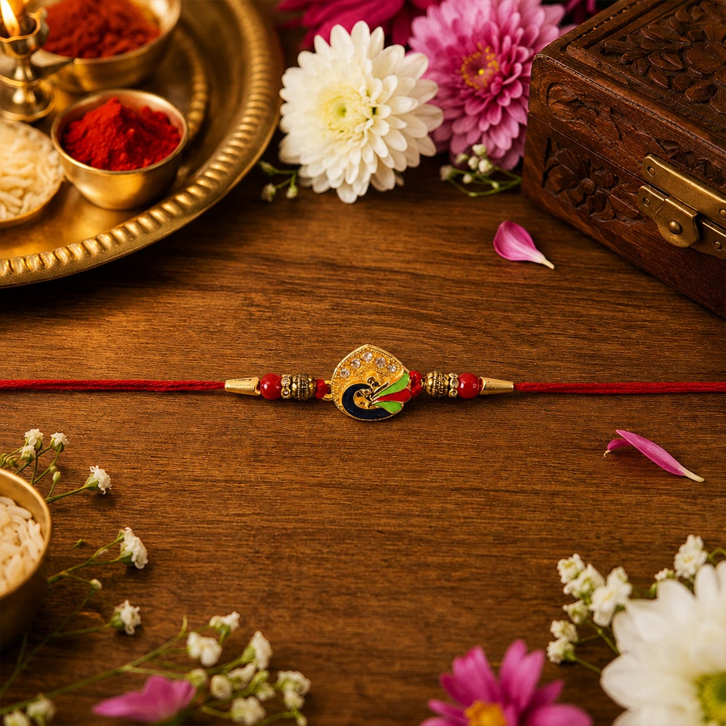 Stylish traditional peacock feather rakhi design with neat finish