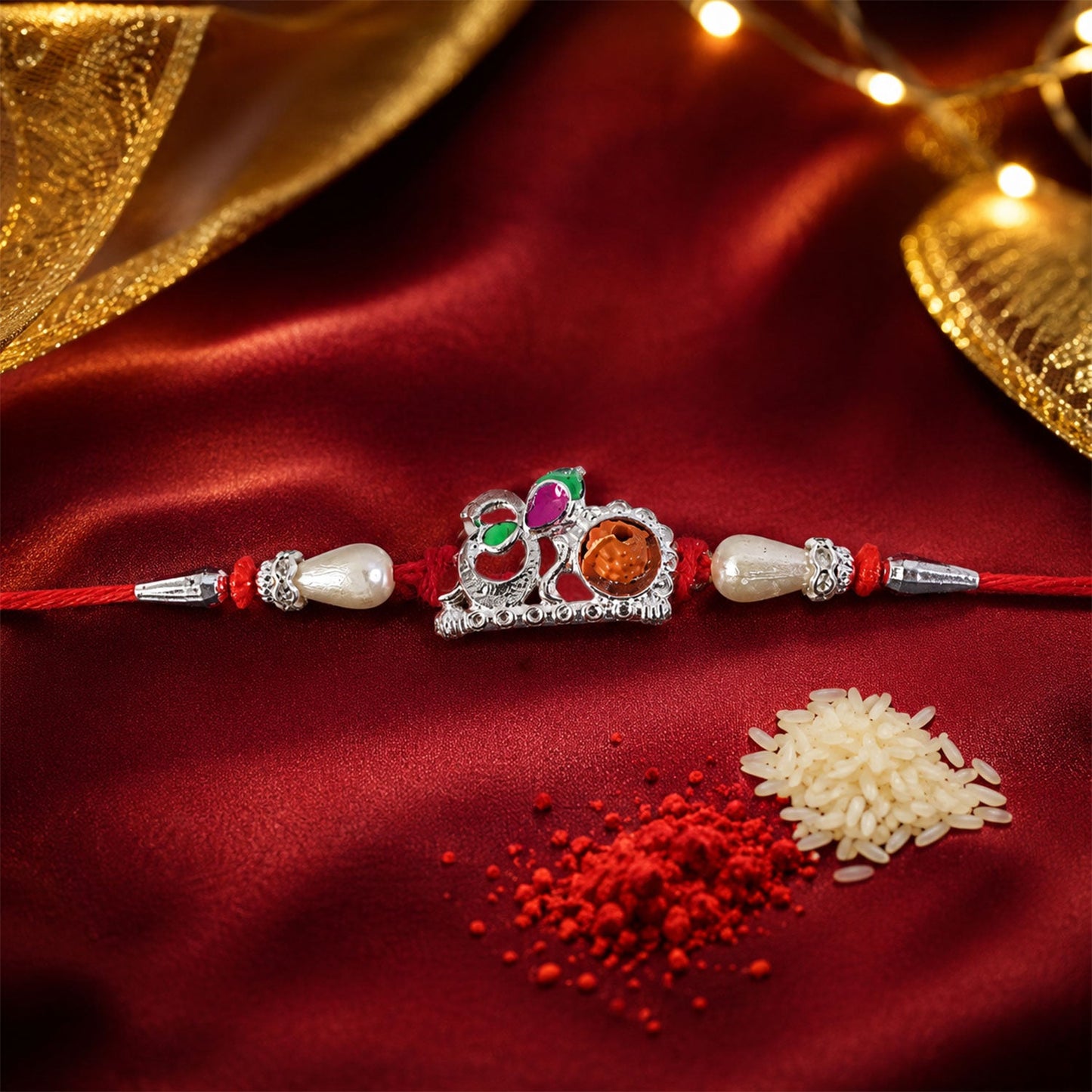 Decorative beads and thread detail of Red Gold Floral Om Rakhi