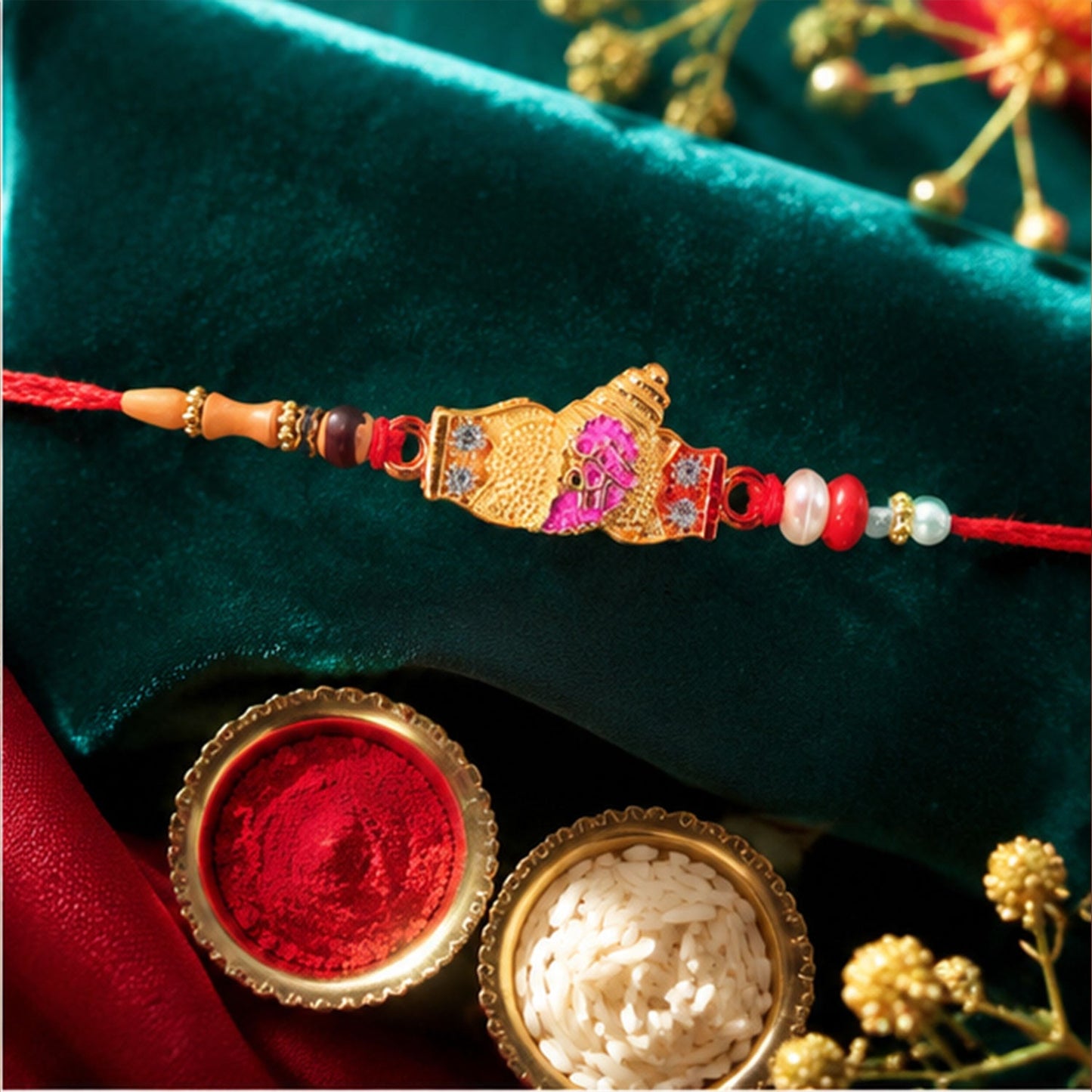 Elegant designer Rakhi with decorative beads and pearl centerpiece