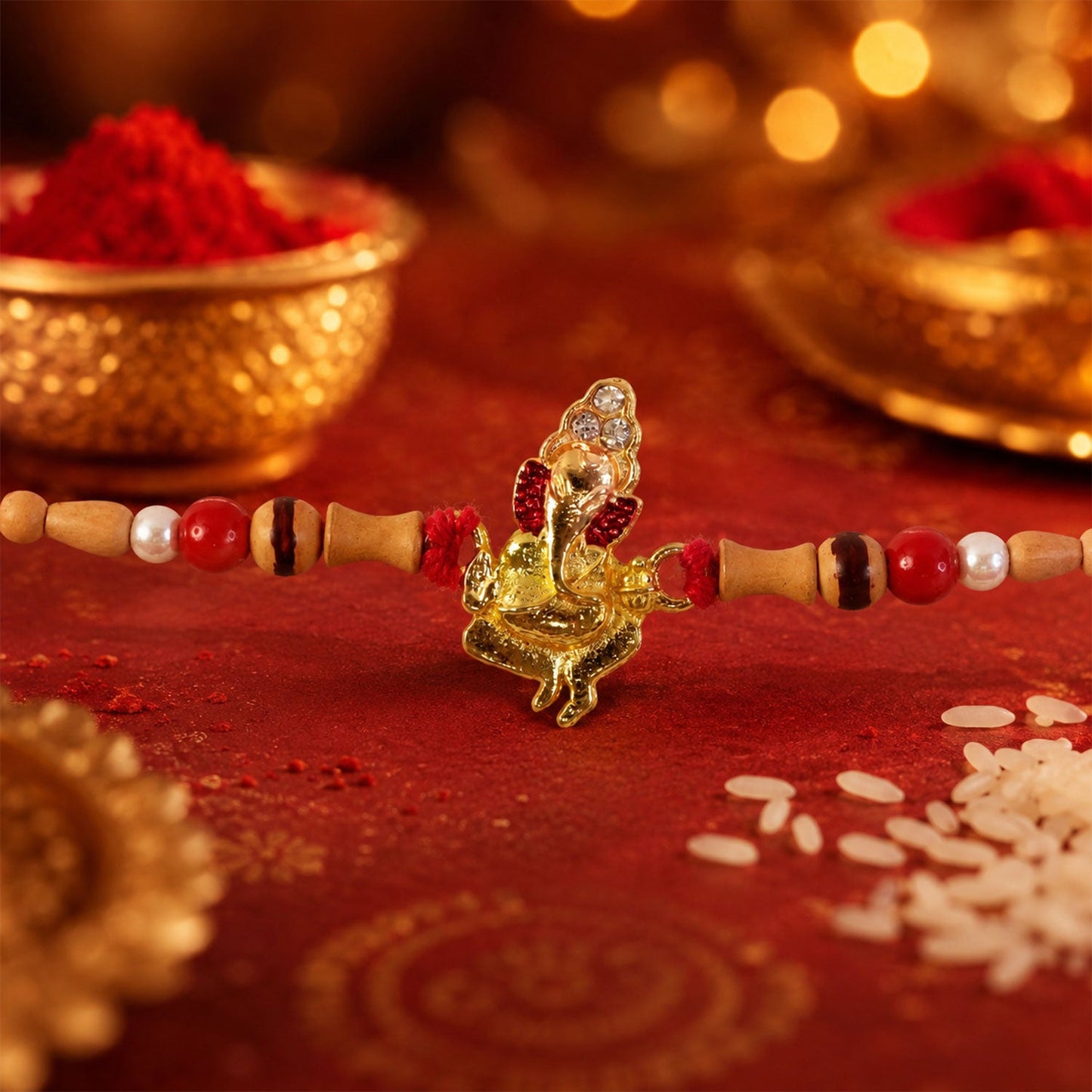 Close up of Ganesh charm on rakhi with pearl and wooden bead detailing