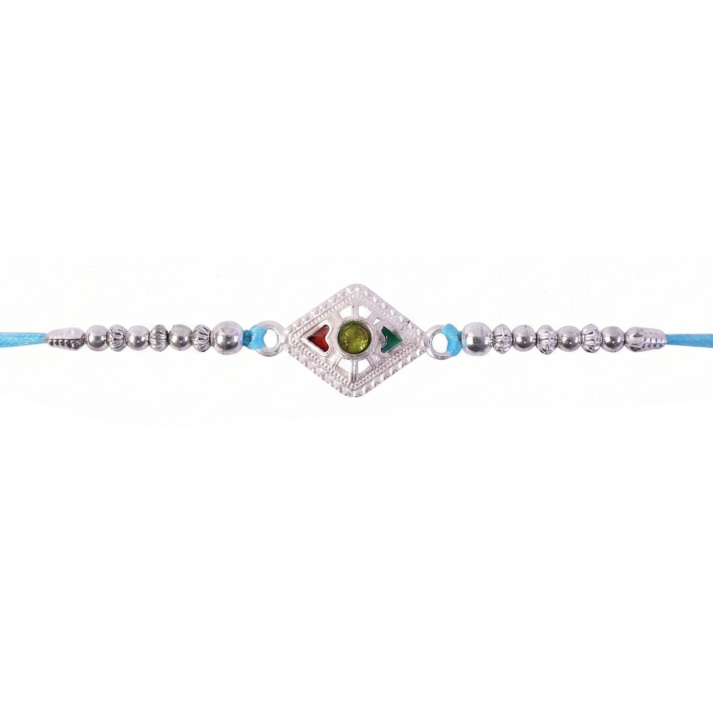 Close-up of rakhi centerpiece with diamond kundan and blue beads