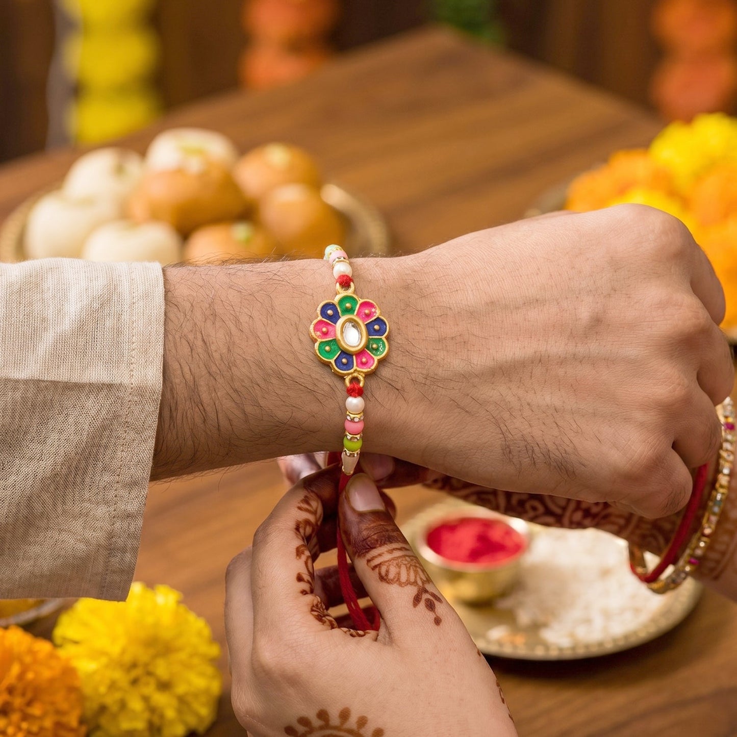 Side view of multicolor rakhi showing pastel beads detail