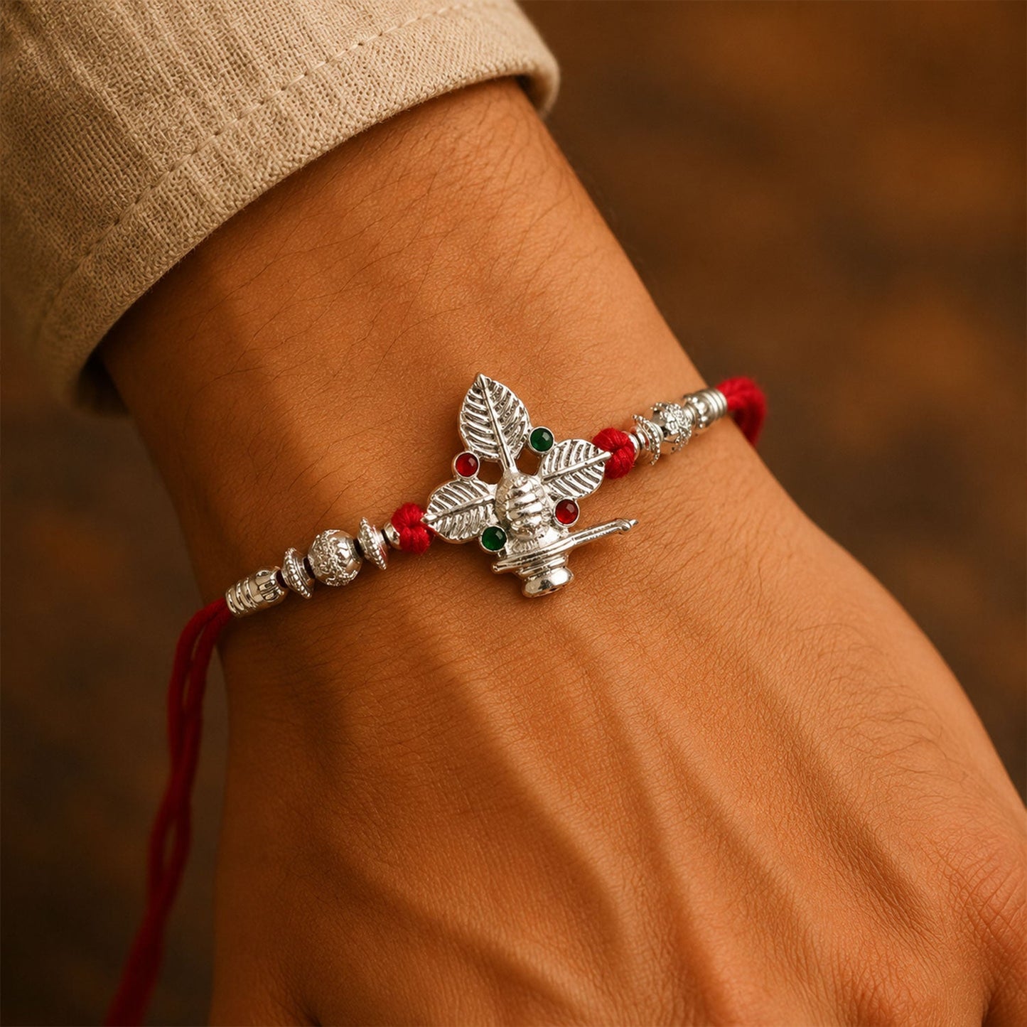 Decorative silver Rakhi with green stones on red thread