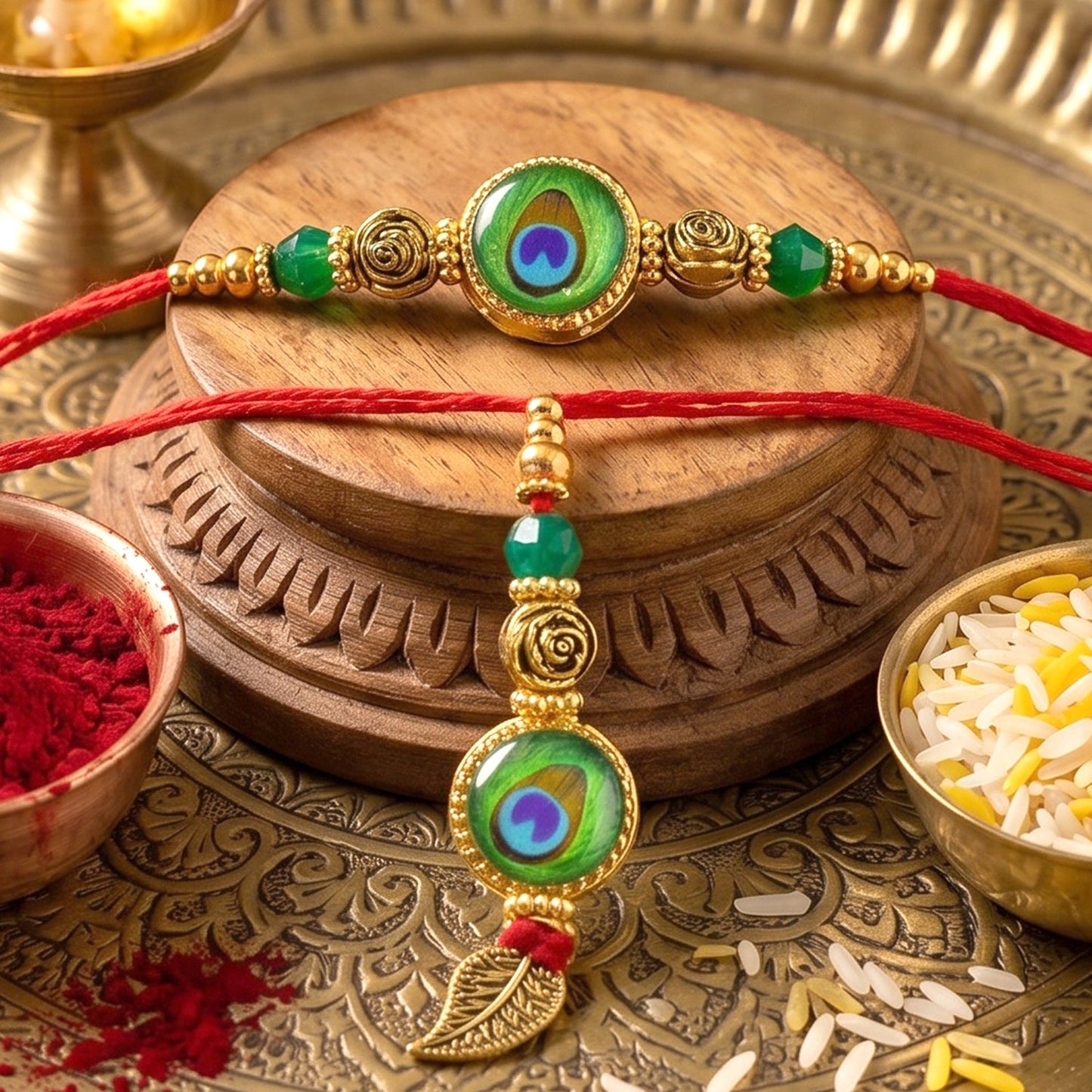 Front view of Morpich Bhaiya Bhabhi Lumba Rakhi with green beads and gold charm