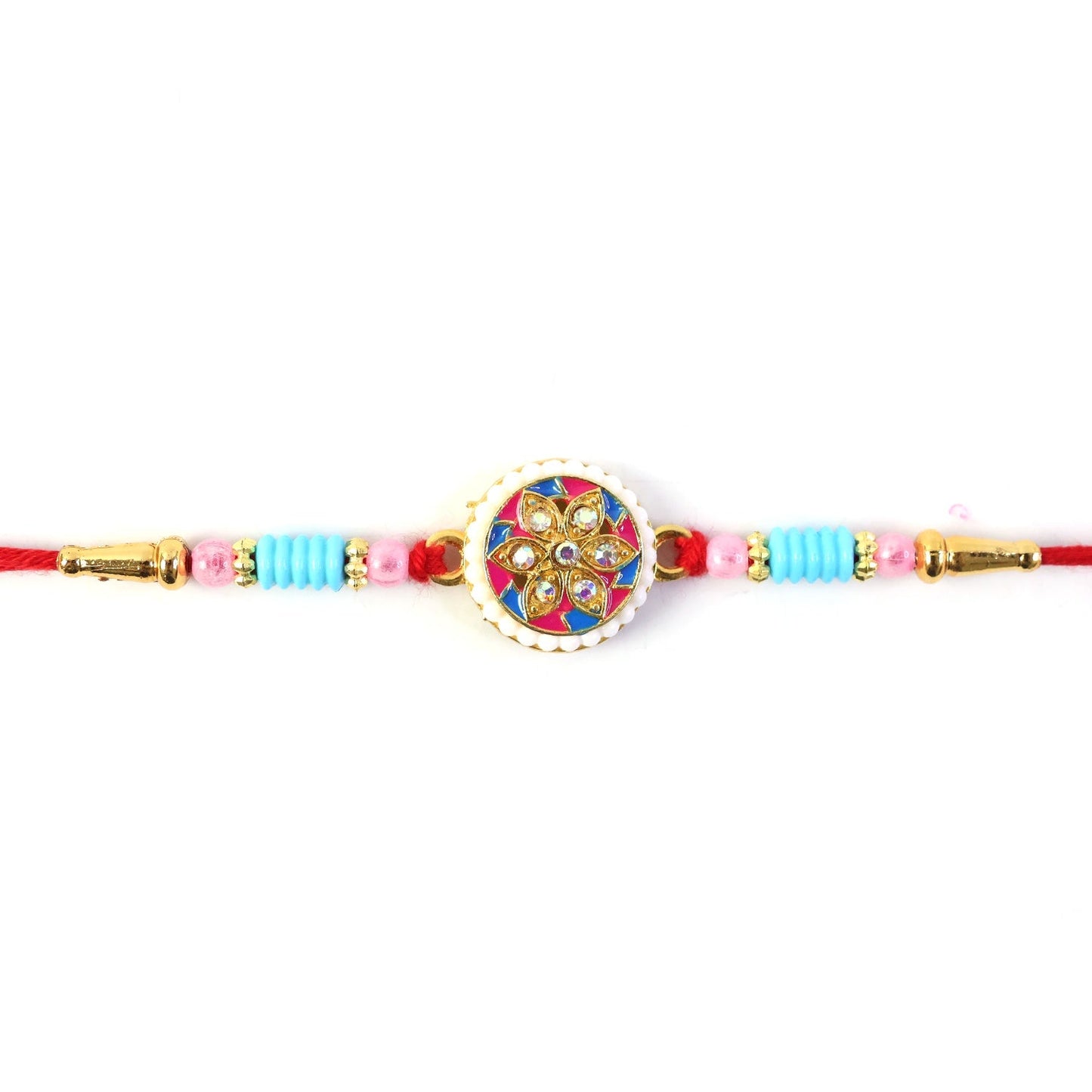 Top view of multicolor floral kundan rakhi with intricate centerpiece