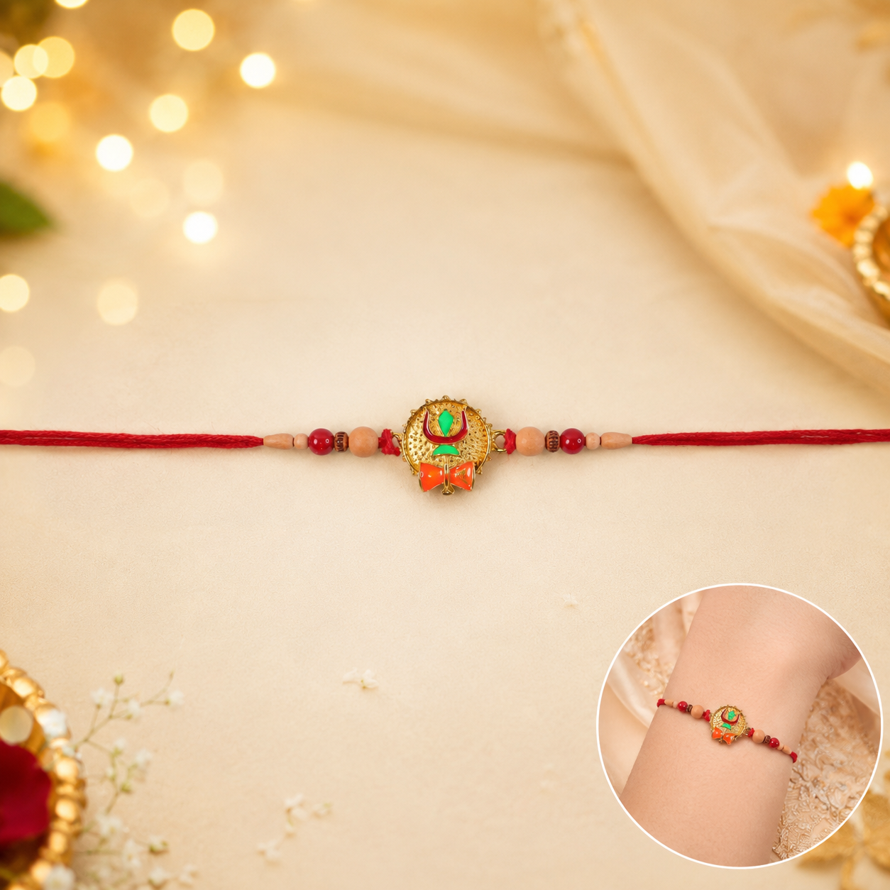 Fashionable rakhi with green stone and detailed thread finishing