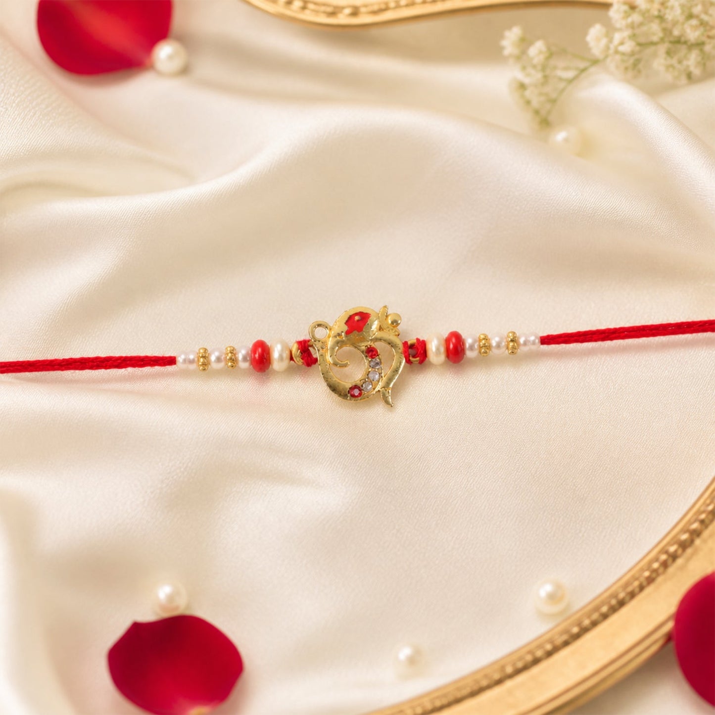 Close-up of traditional Rakhi with decorative beads and pearl details