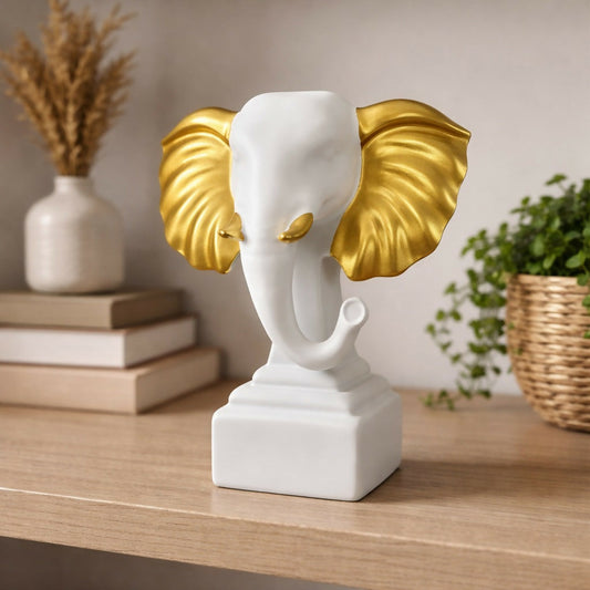 White Gold Elephant Showpiece Decorative Home Statue