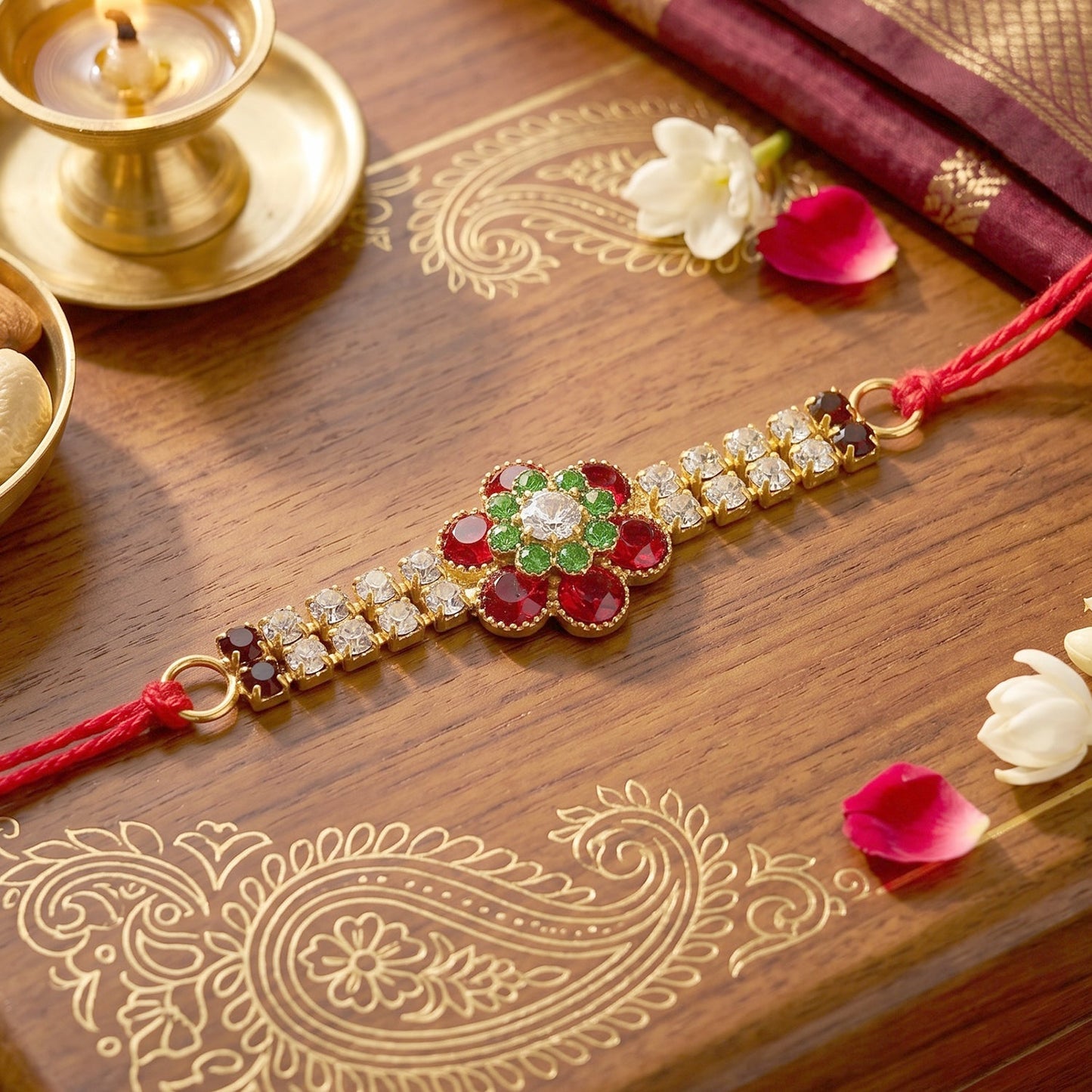 Close-up of red floral kundan rakhi with pearl and crystal details for Raksha Bandhan
