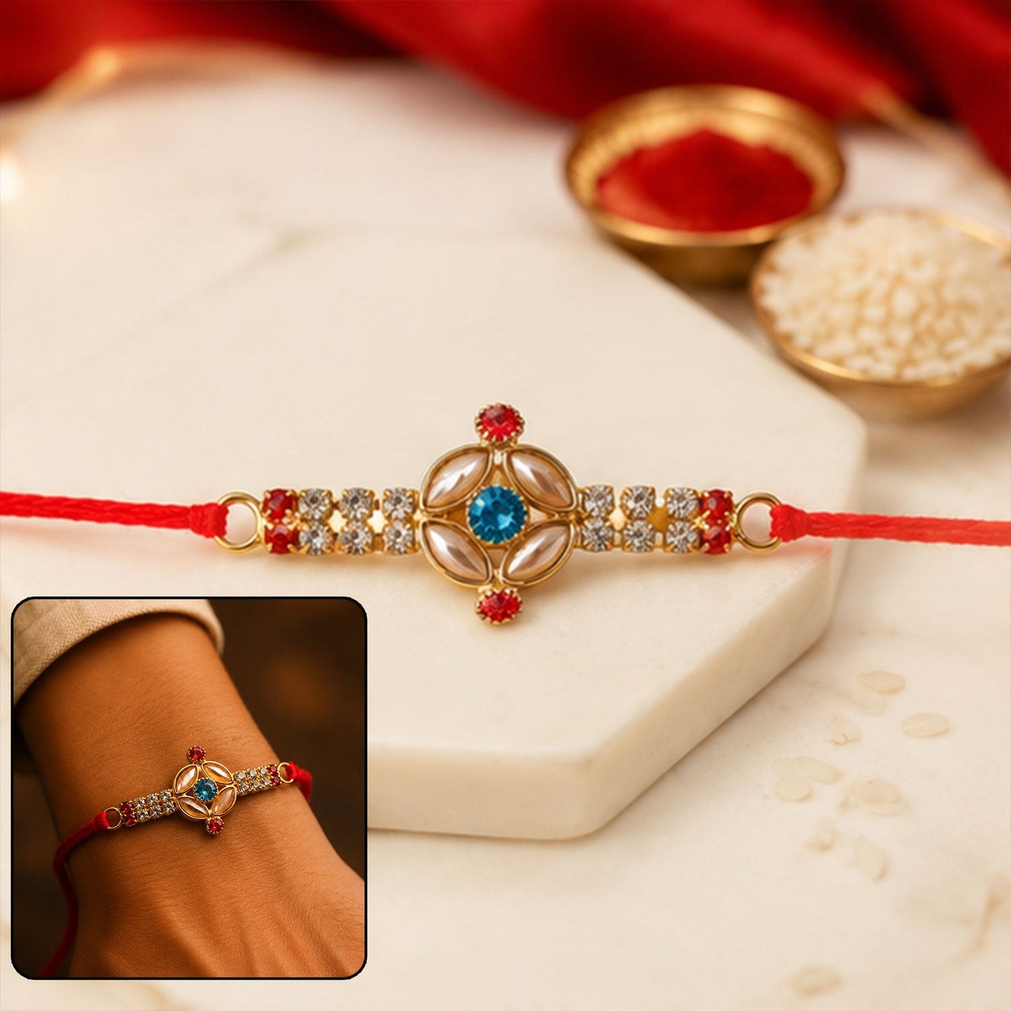 Blue floral Kundan Rakhi with red stones and pearl ends front view