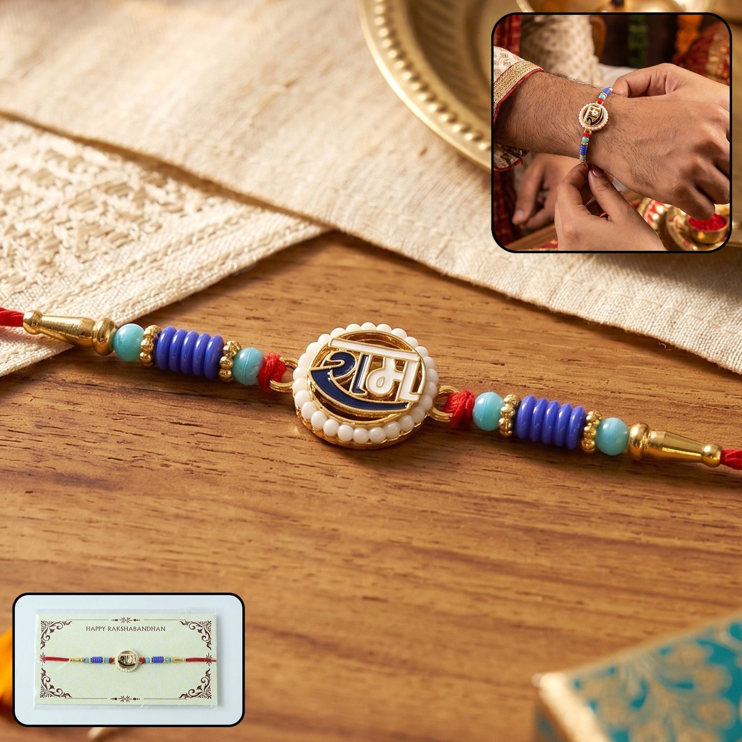 Ram Naam Devnagari Rakhi with decorative beads on soft thread for Raksha Bandhan, traditional design