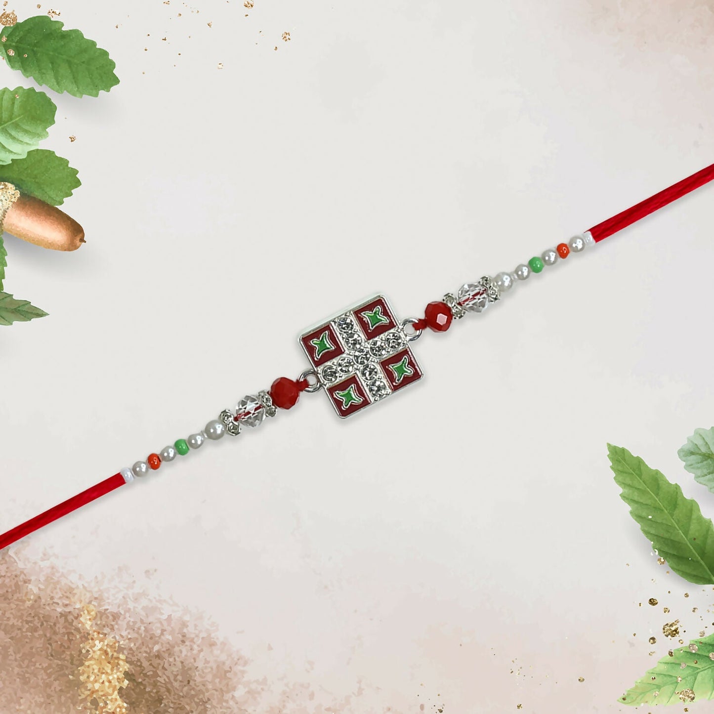 Top view of classic square Rakhi showcasing intricate Meenakari work and vibrant colors