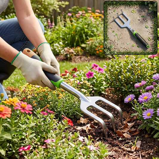 3 prong garden hand cultivator fork, stainless steel tool with ergonomic handle (1 pc)