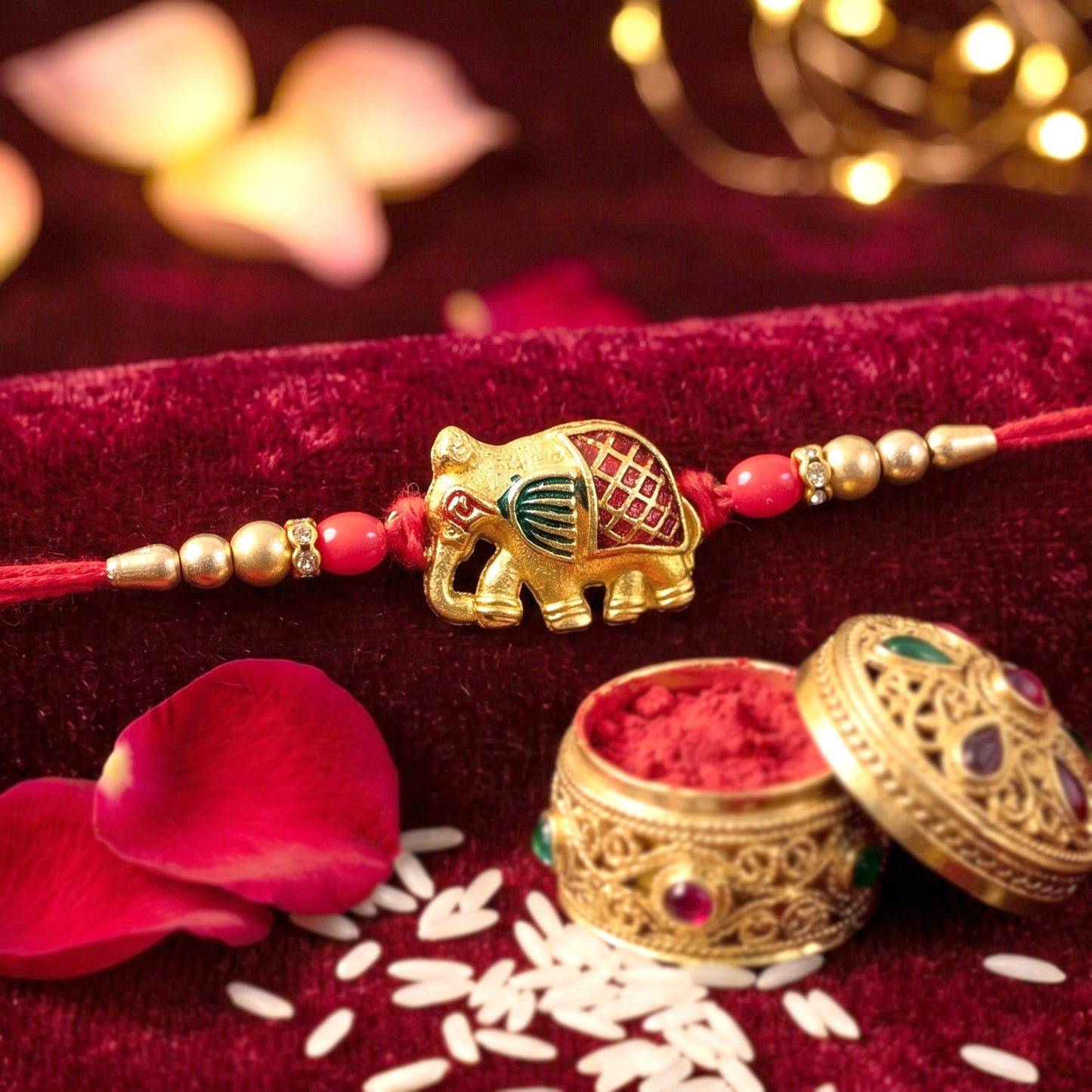Close-up of gold elephant rakhi with decorative red beads and pearls