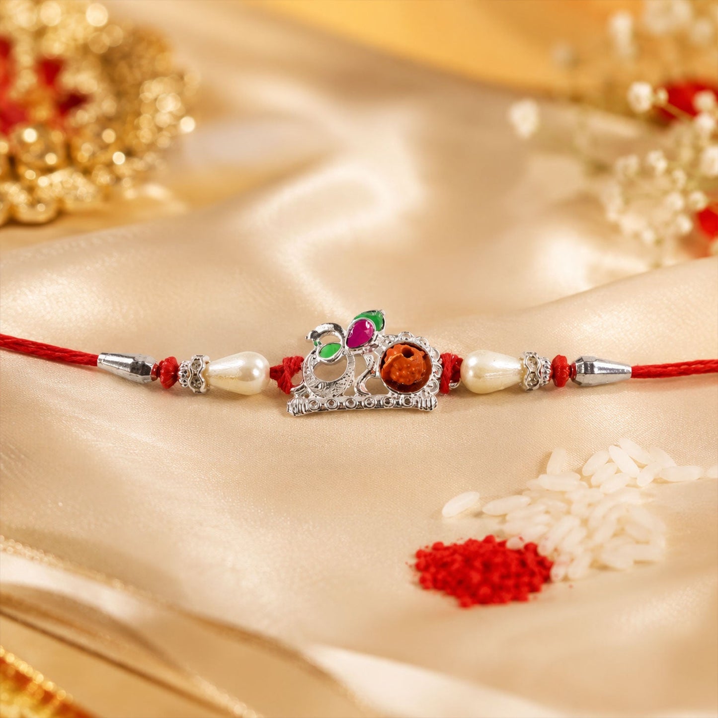 Close-up of Red Gold Floral Om Rakhi showcasing pearls and orange stone