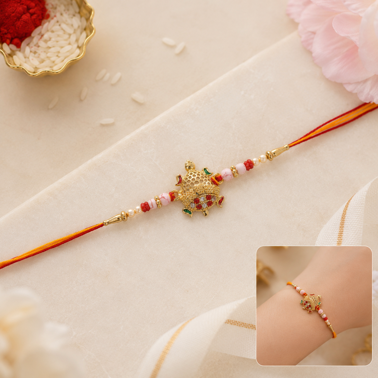 Gold Turtle Rakhi worn on hand, highlighting wearability