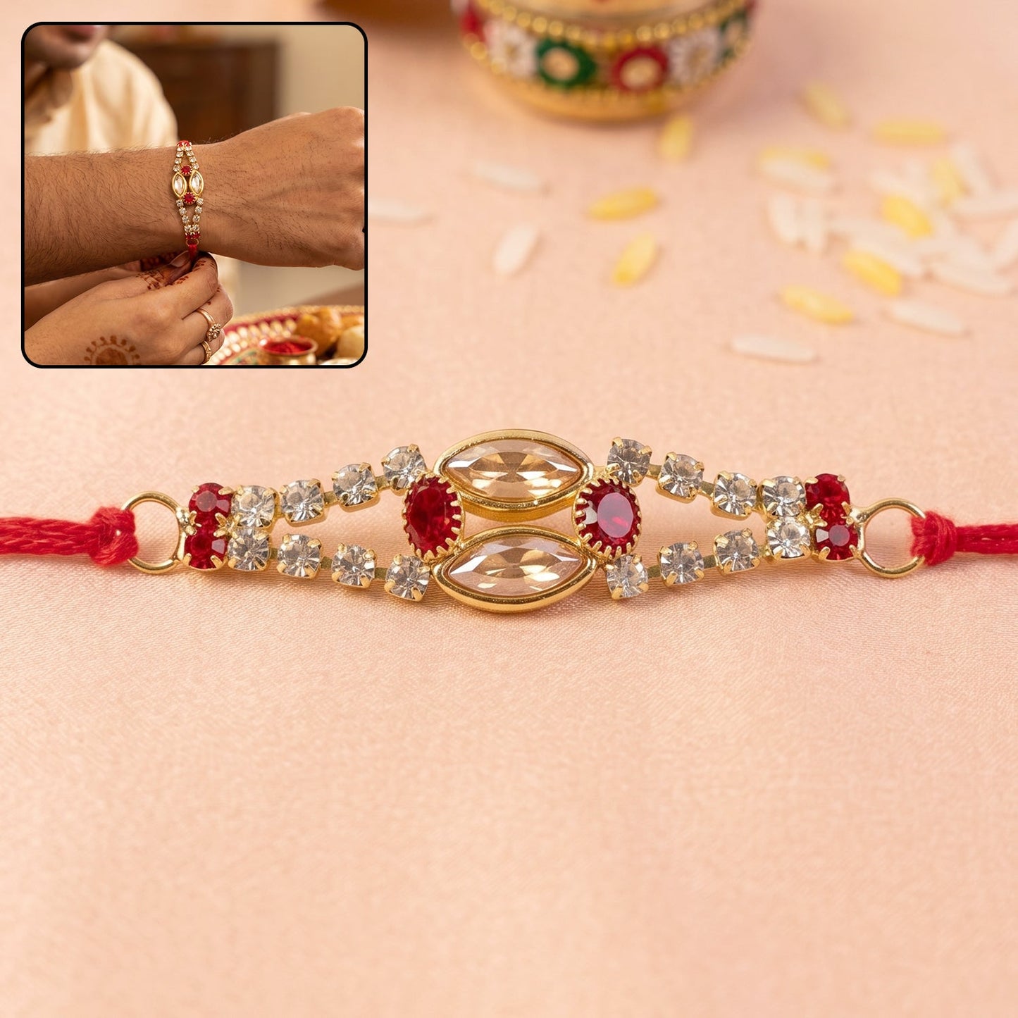 Elegant Oval Kundan Rakhi Bracelet with red and blue stones, front view.