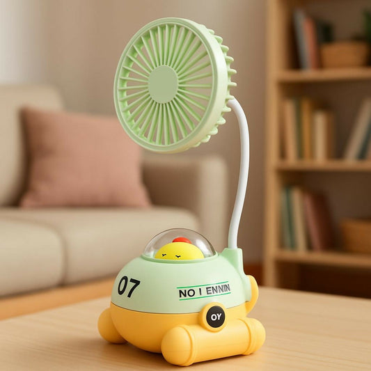 Cute Green Cartoon Desk Fan with LED Night Light & Pencil Sharpener for Kids