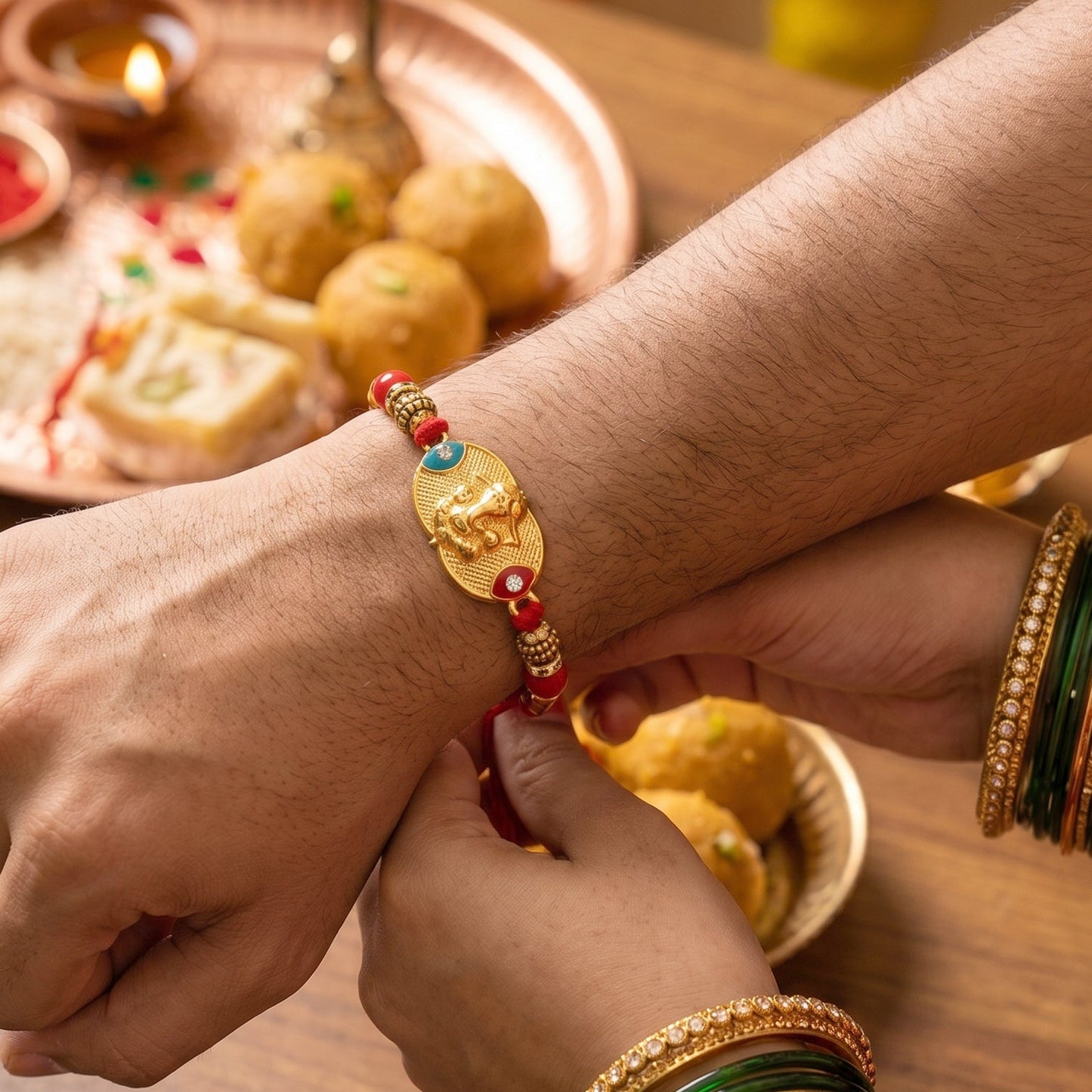 Traditional designer Golden Ganesh Rakhi with vibrant beads
