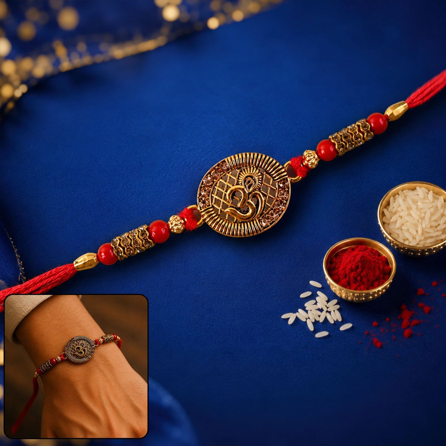 Om Coin Rakhi with red beads and blue velvet centerpiece perfect for Raksha Bandhan