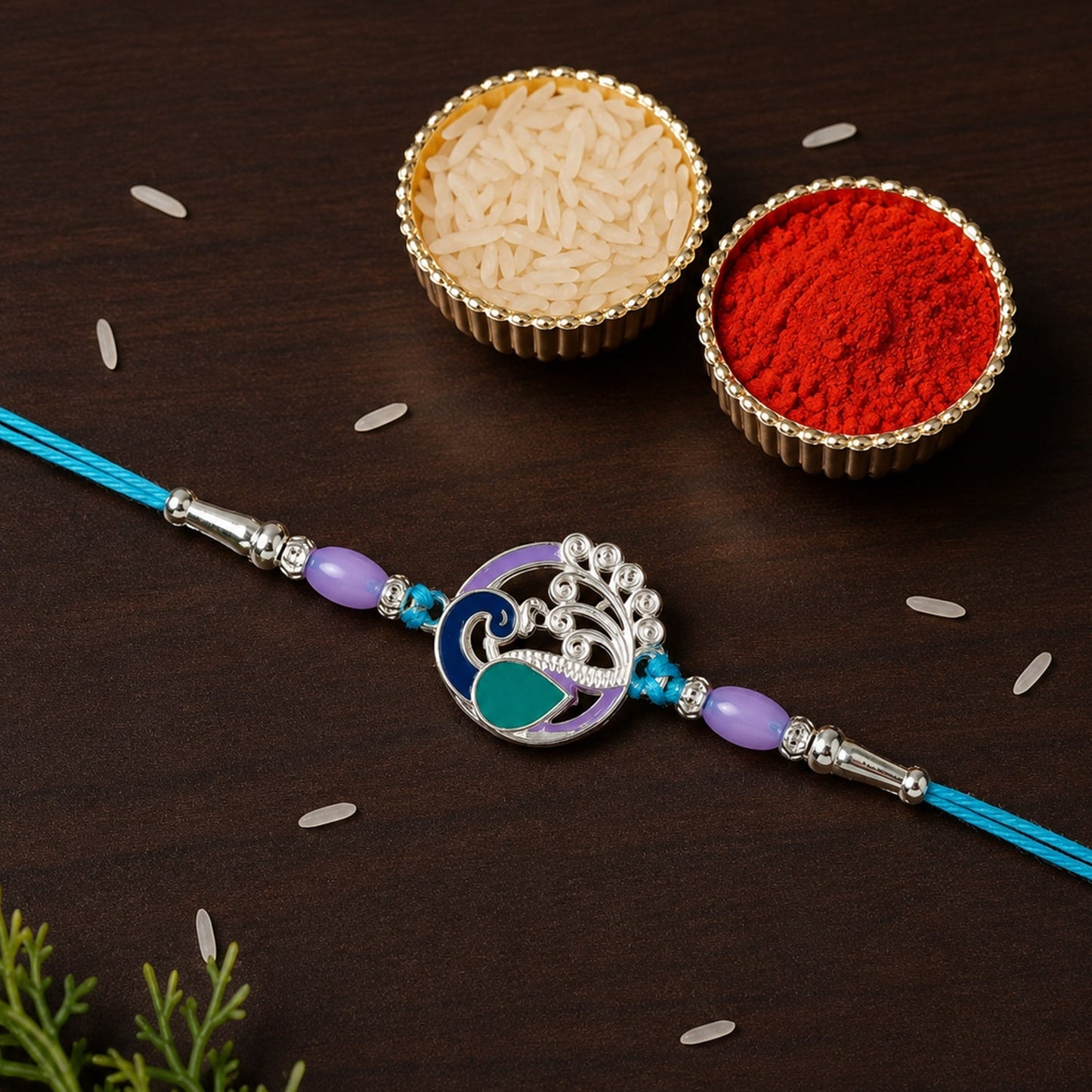Designer Peacock Motif Rakhi with beads and soft thread, ideal for Raksha Bandhan
