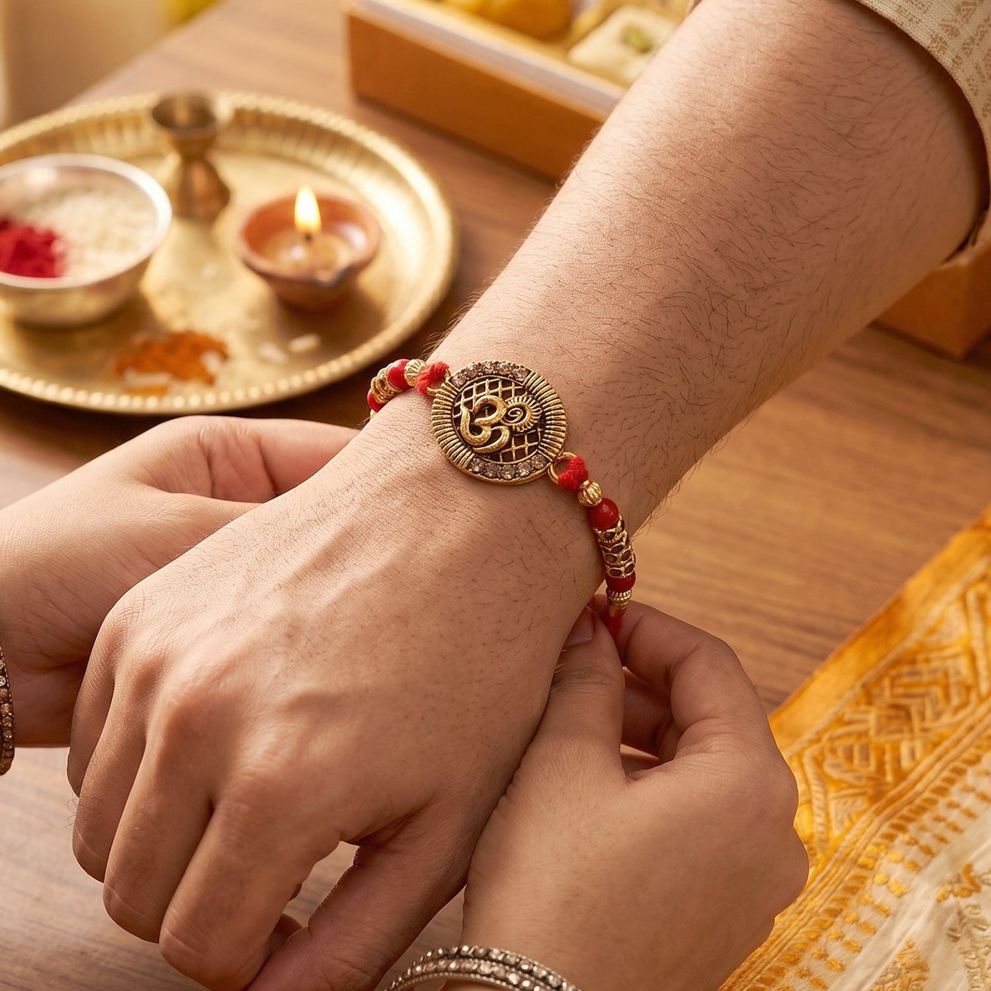 Red thread with Rudraksha beads on antique Om coin Rakhi