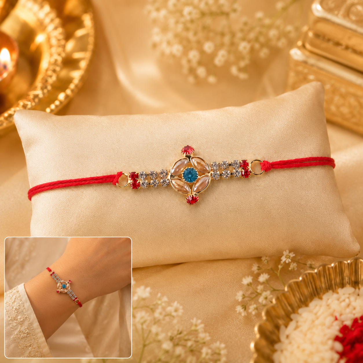 Crafted rakhi with decorative beads and neat finishing for Raksha Bandhan