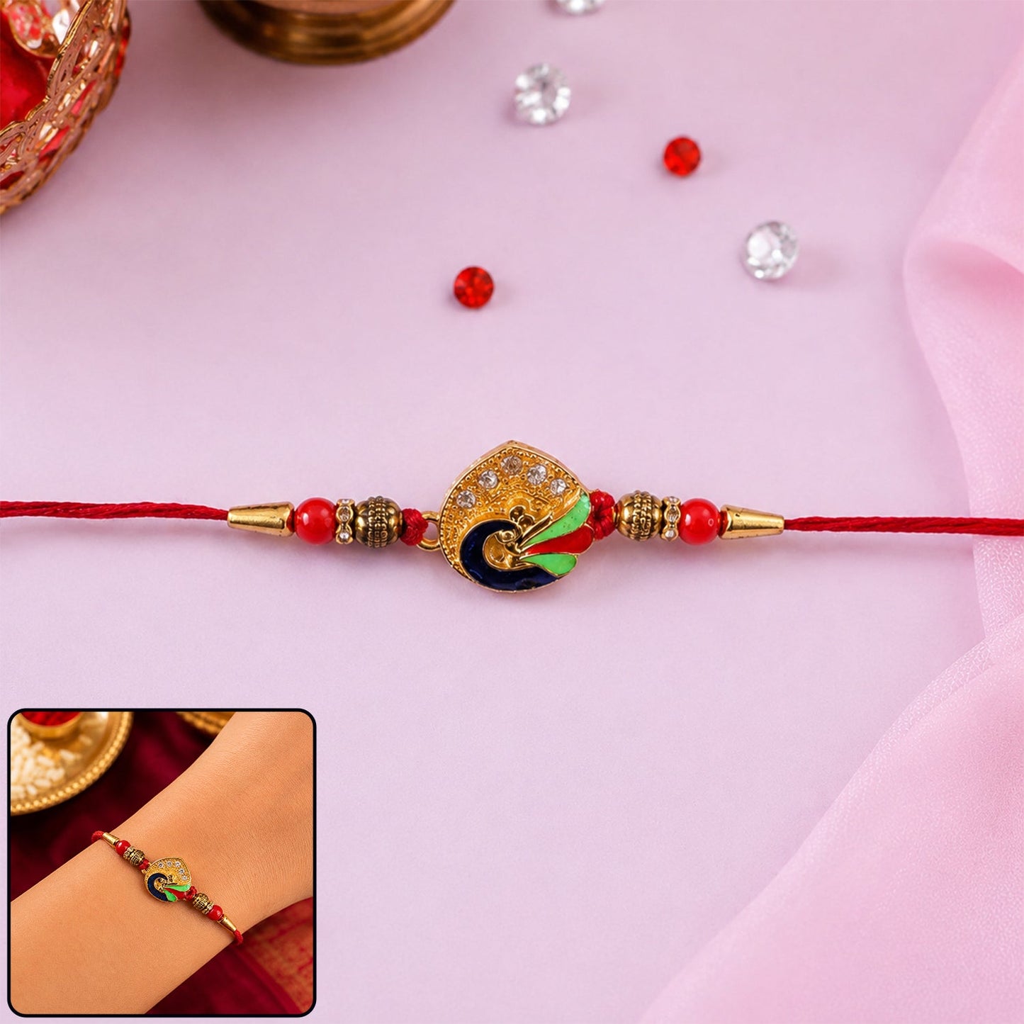 Beautiful peacock feather rakhi with decorative beads for Raksha Bandhan