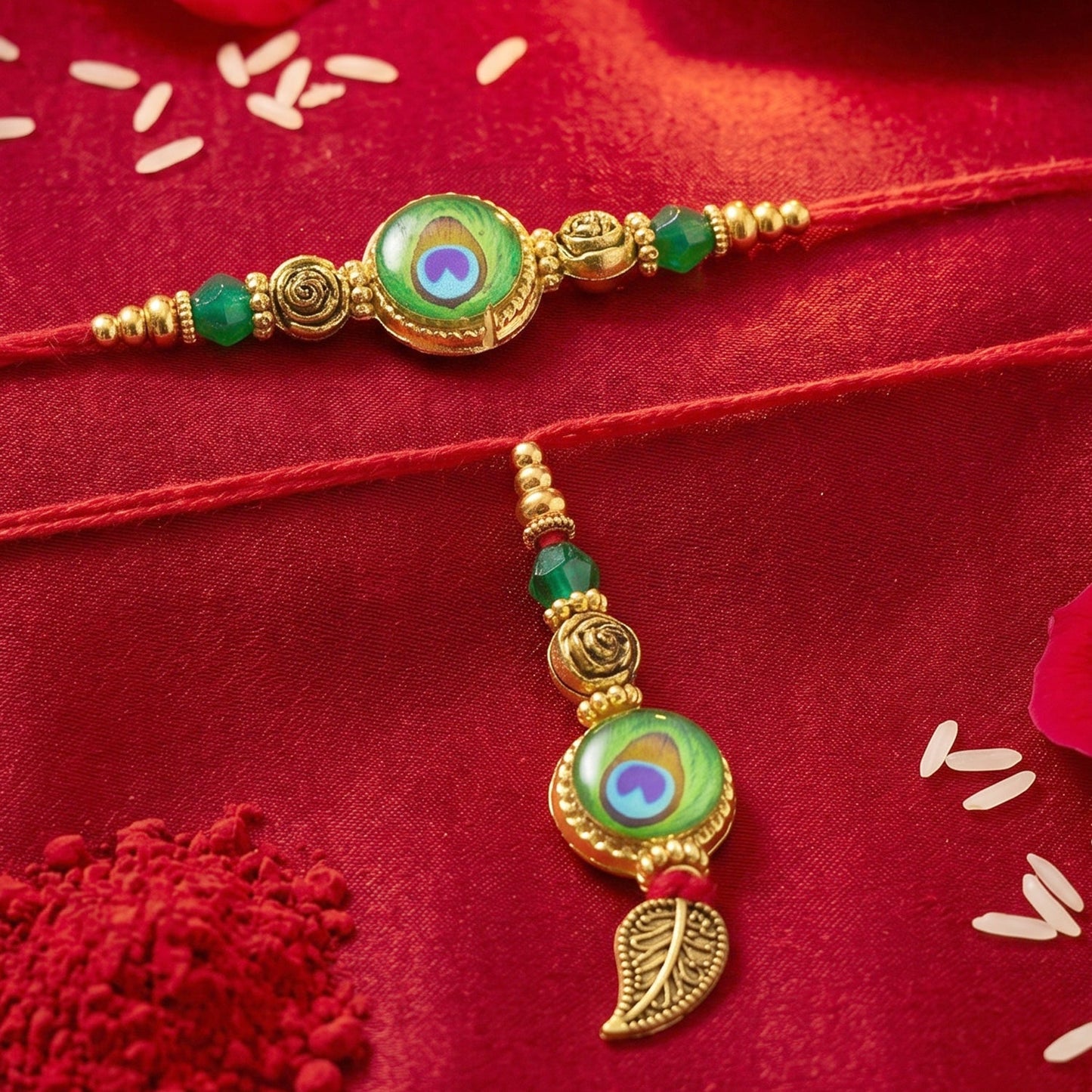 Side angle view of thread and bead details of Morpich Rakhi