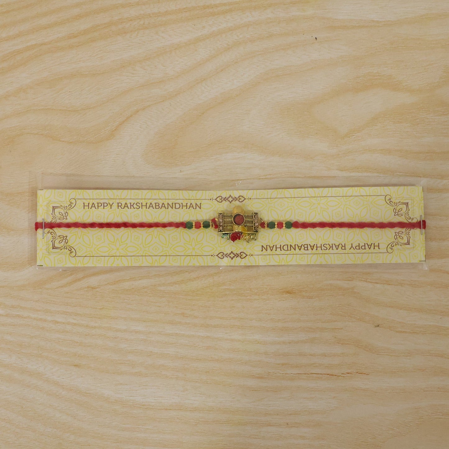 Close-up of decorative Rudraksha Beaded Rakhi for Rakhi festival