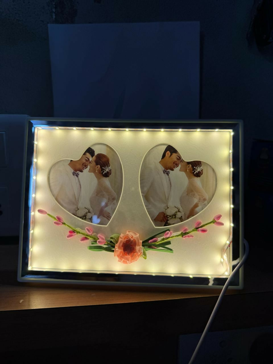 Romantic Dual Heart-Shape LED Light Photo Frame for Couple | Decorative Floral Wedding & Anniversary Picture Frame | USB Powered Warm Light Love Frame for Bedroom, Living Room & Gifting | Premium Couple Photo Display for Home DÃ©cor