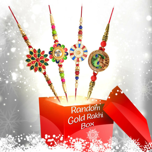 Close-up of an elegant Golden Rakhi with intricate design details, perfect for Raksha Bandhan.