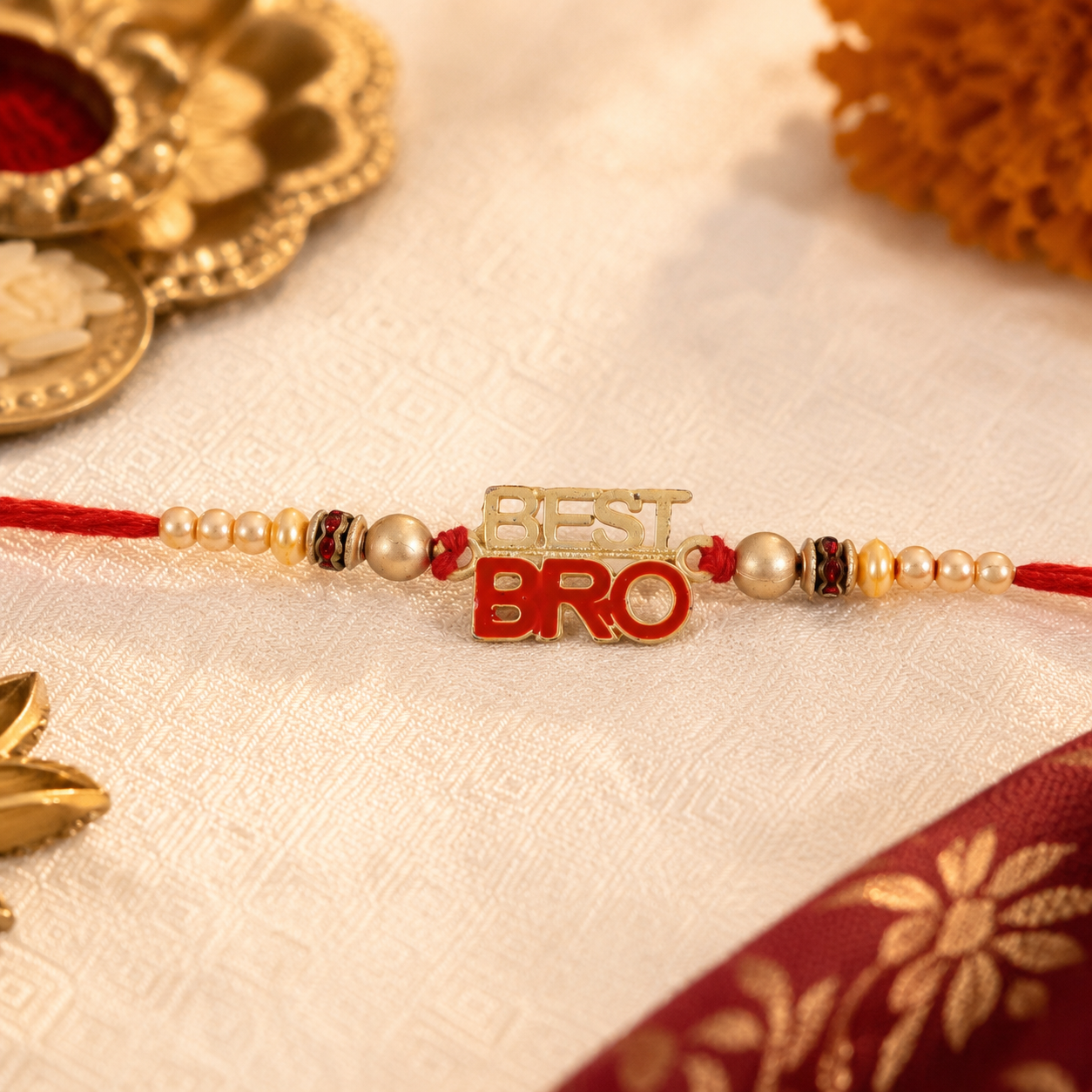 Close-up of a stylish designer rakhi with attractive detailing and gold accents