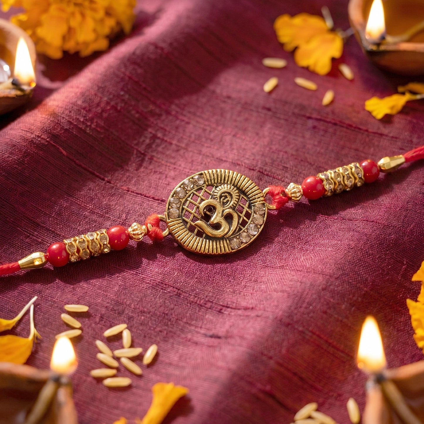 Close-up of decorative beads and Om coin centerpiece on Rakhi