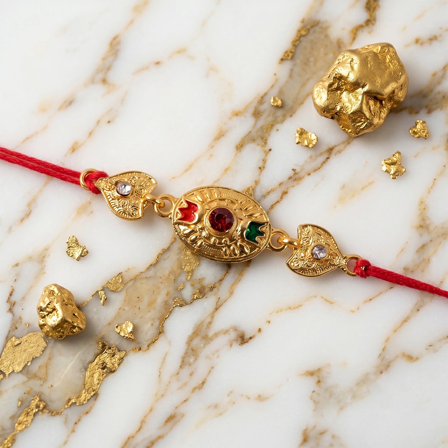 Neatly finished traditional Rakhi with vibrant stones for Raksha Bandhan