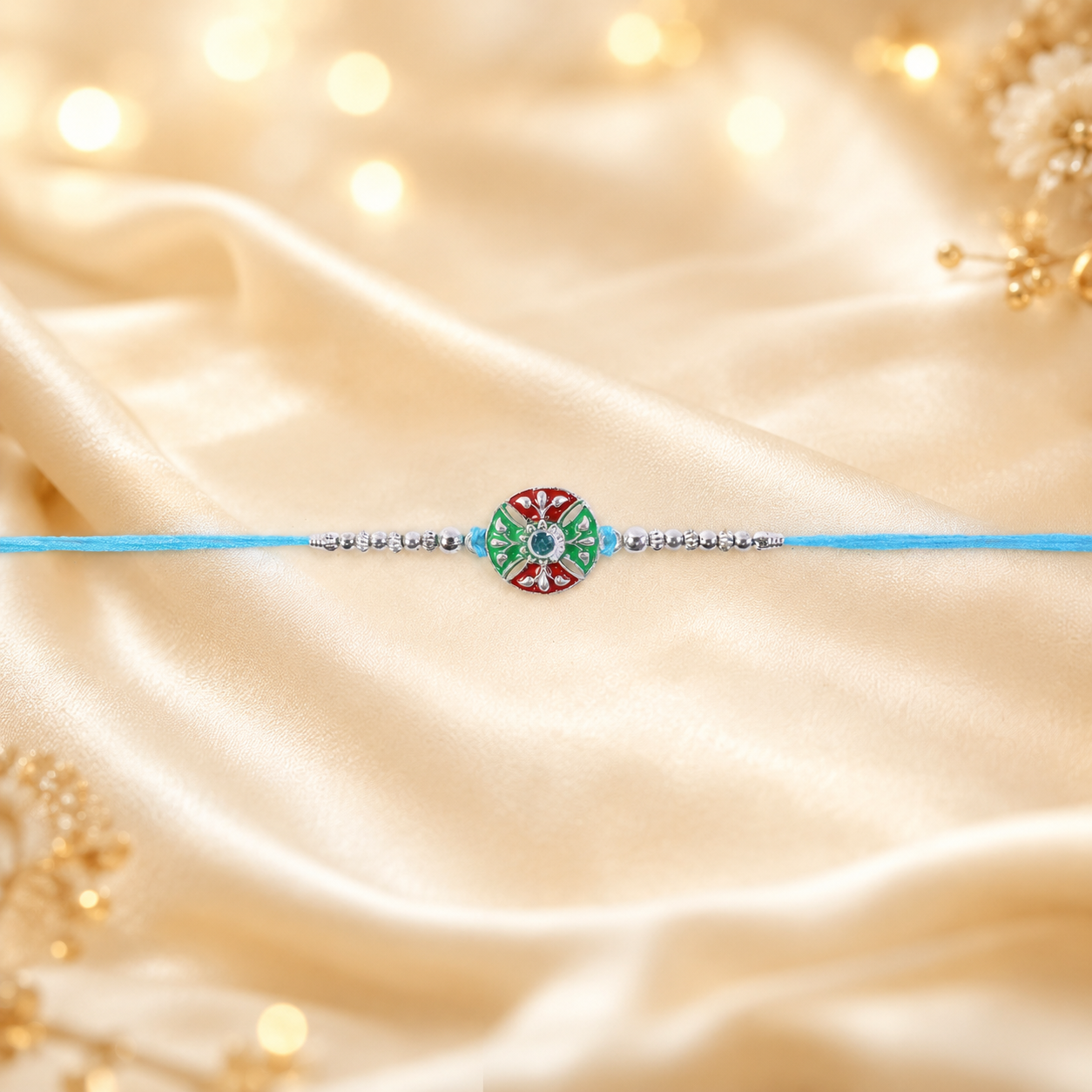 Stylish blue thread rakhi with silver chain and vibrant center design