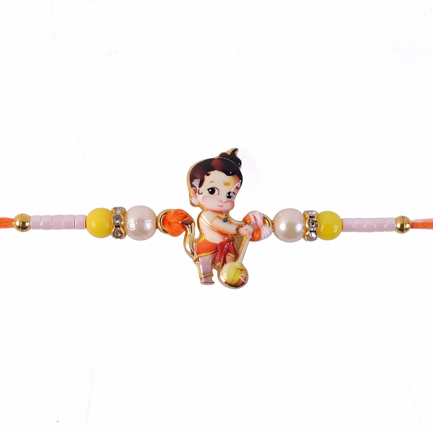 Overhead view of the Bal Hanuman Rakhi with colorful beads.