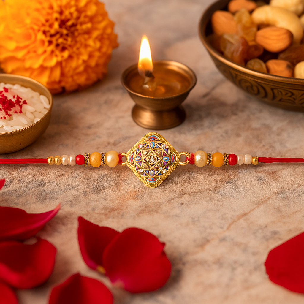 Close-up of the handcrafted square Mandala Rakhi on a comfortable, skin-friendly thread.