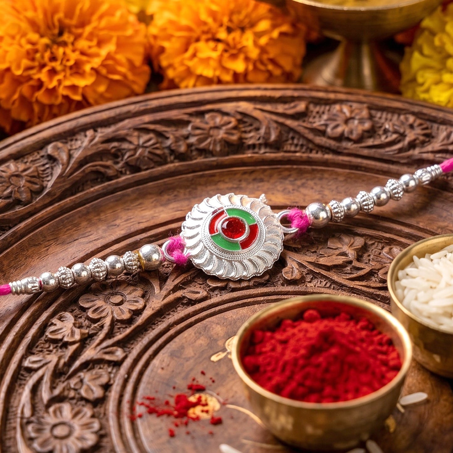 Front view of silver floral rakhi with pink beads