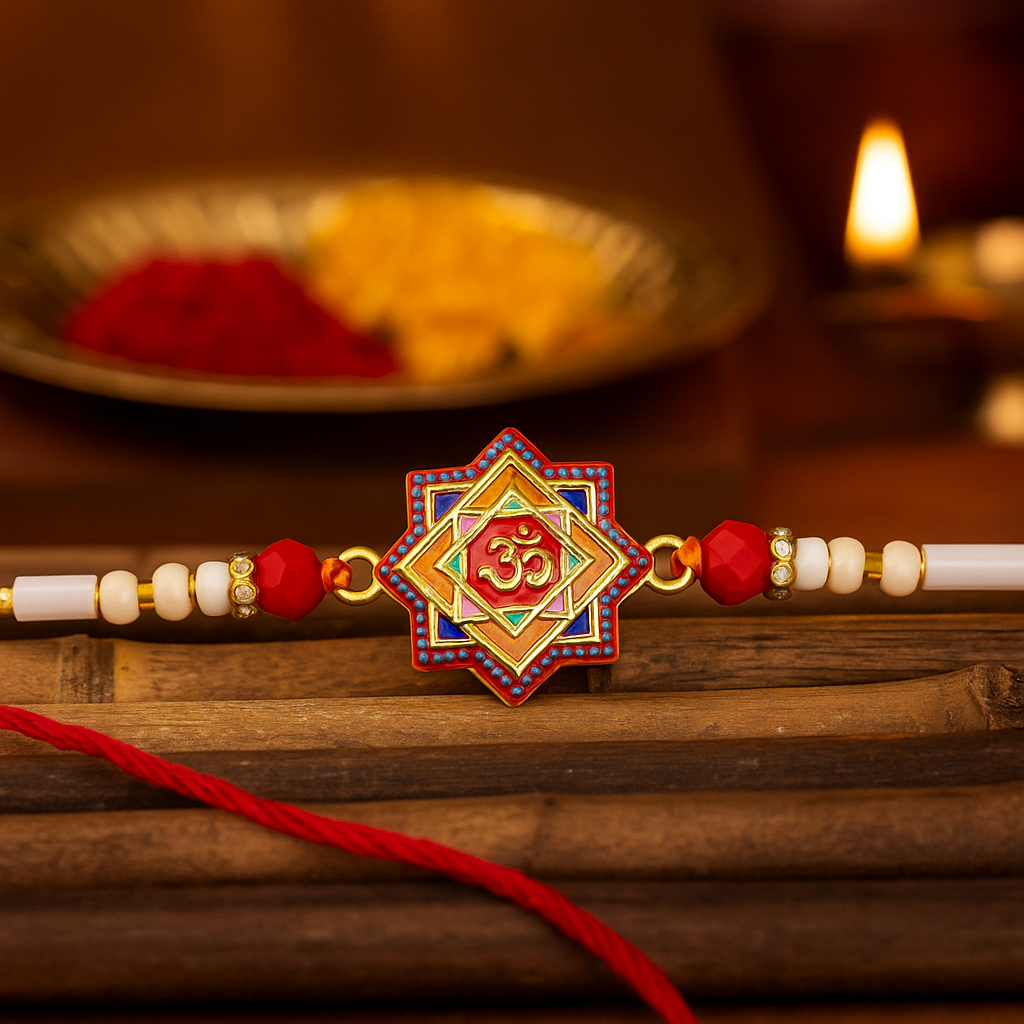 Detailed view of Om Rakhi featuring the eight-pointed star design on a white background