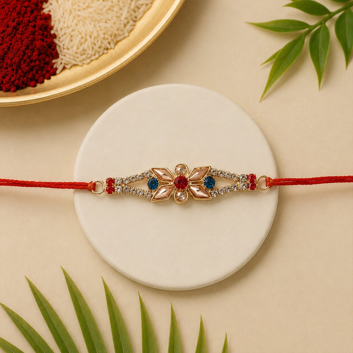 Close-up of floral center design on traditional rakhi with decorative beads.