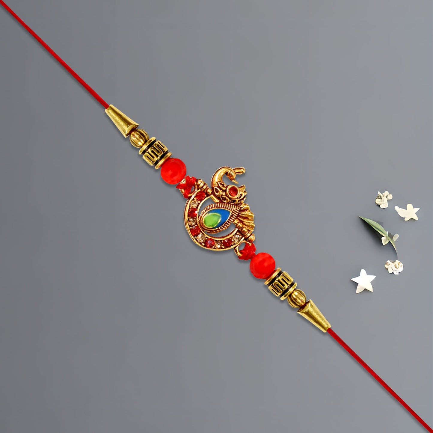 Top-down view of Stone Studded Rakhi thread highlighting elegant texture and comfortable fit.