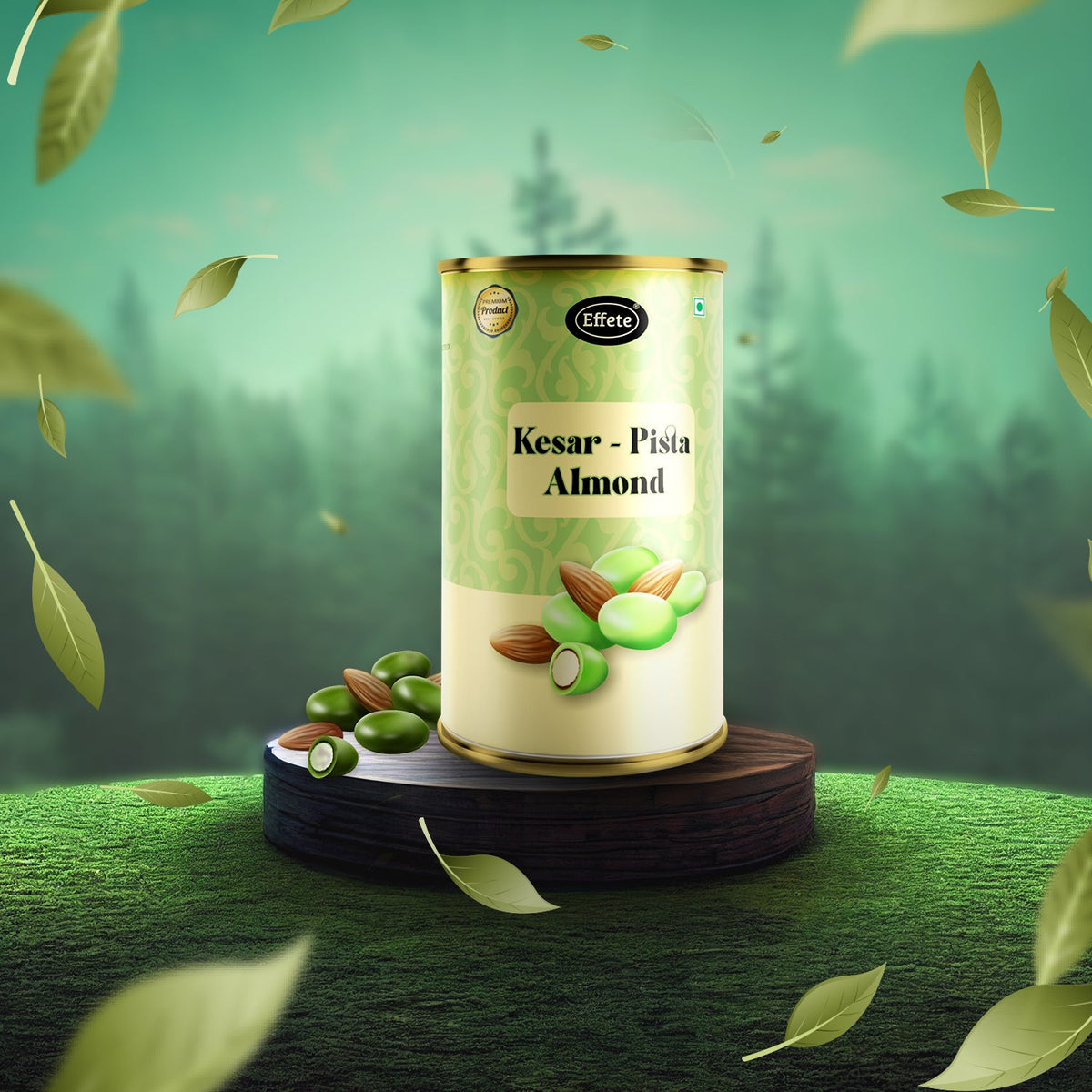 The Kesar Pista Almond tin is on a dark wooden pedestal surrounded by green leaves and a forest.
