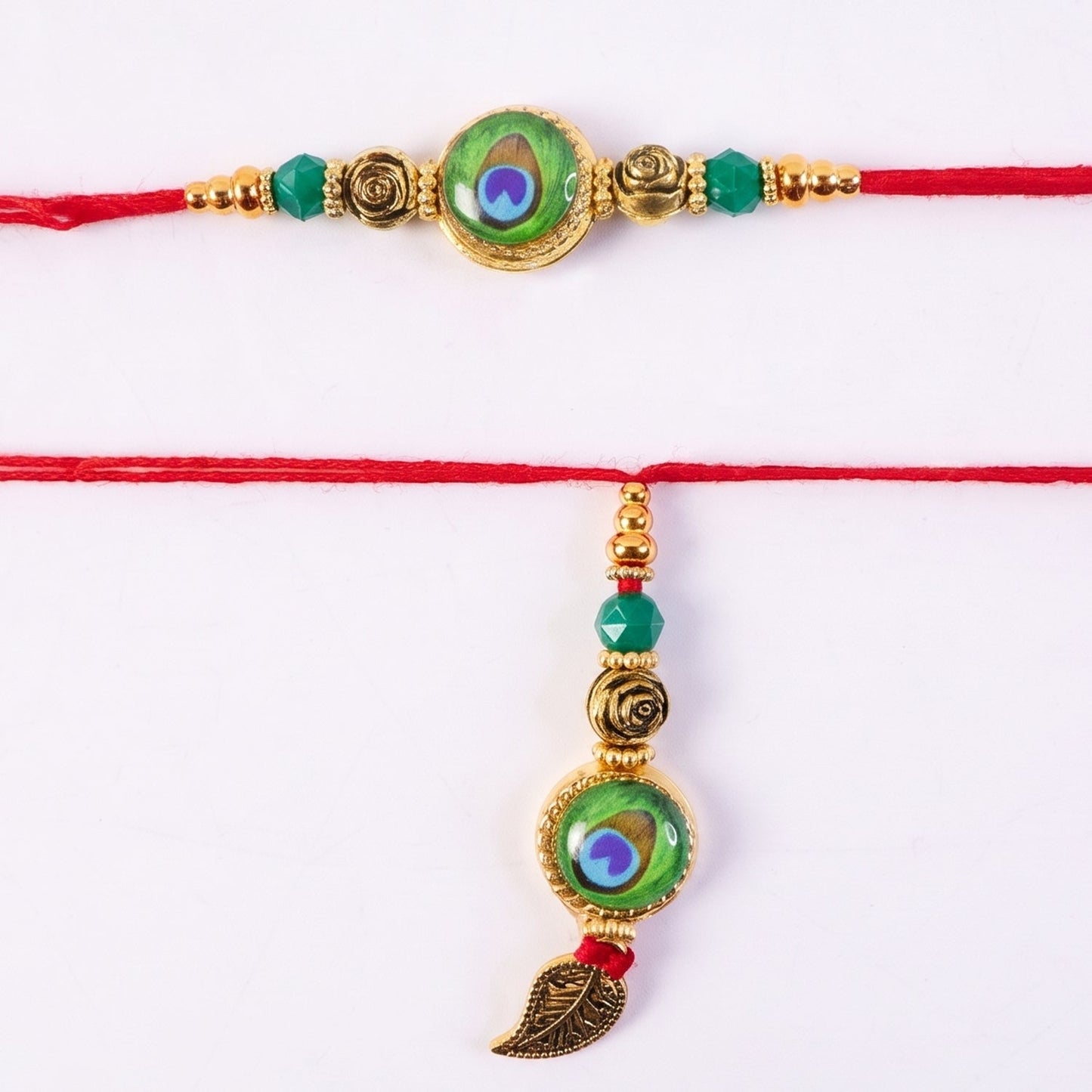 Morpich Lumba Rakhi laid flat showing gold charm and beads